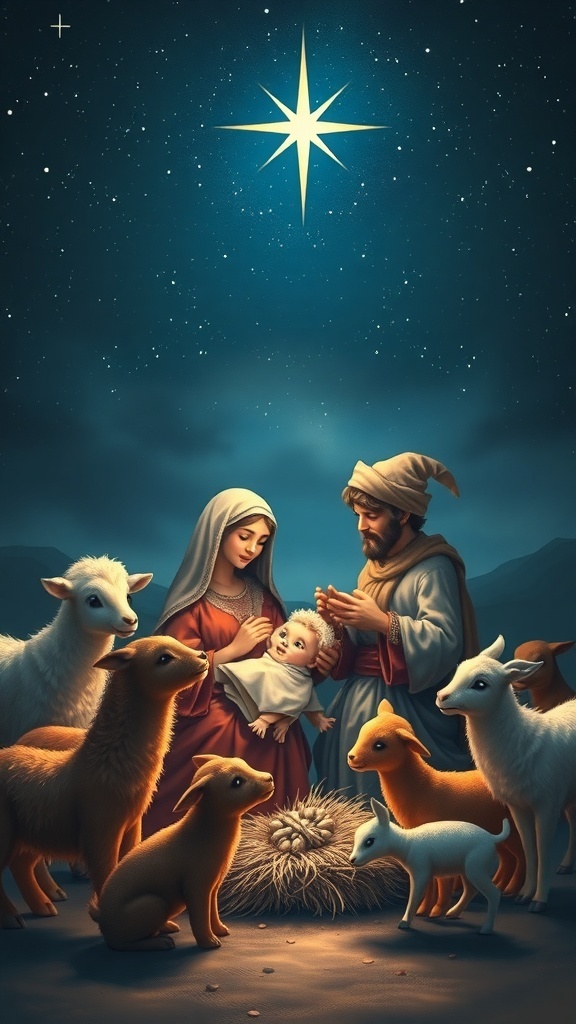 Nativity scene with Mary, Joseph, and baby Jesus under a starry sky.